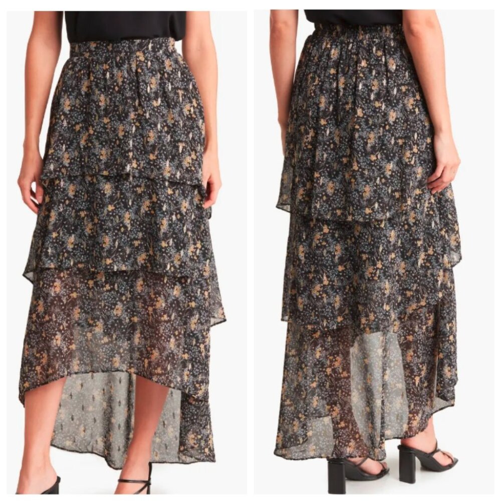 MELLODAY Tiered Chiffon Maxi Skirt, BLACK FLORAL, Size M, NWT